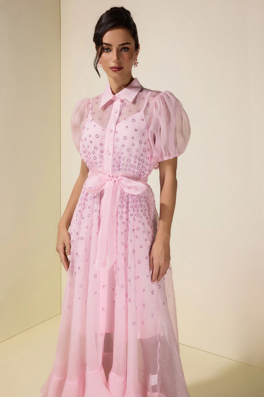 Flowering Girl Women sylvia Rhinestone Puff Sleeve Maxi Dress With Belt - pink