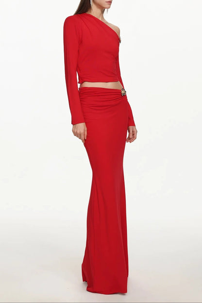 vicky metal flower Asymmetrical Long Sleeve Top skirt set - red