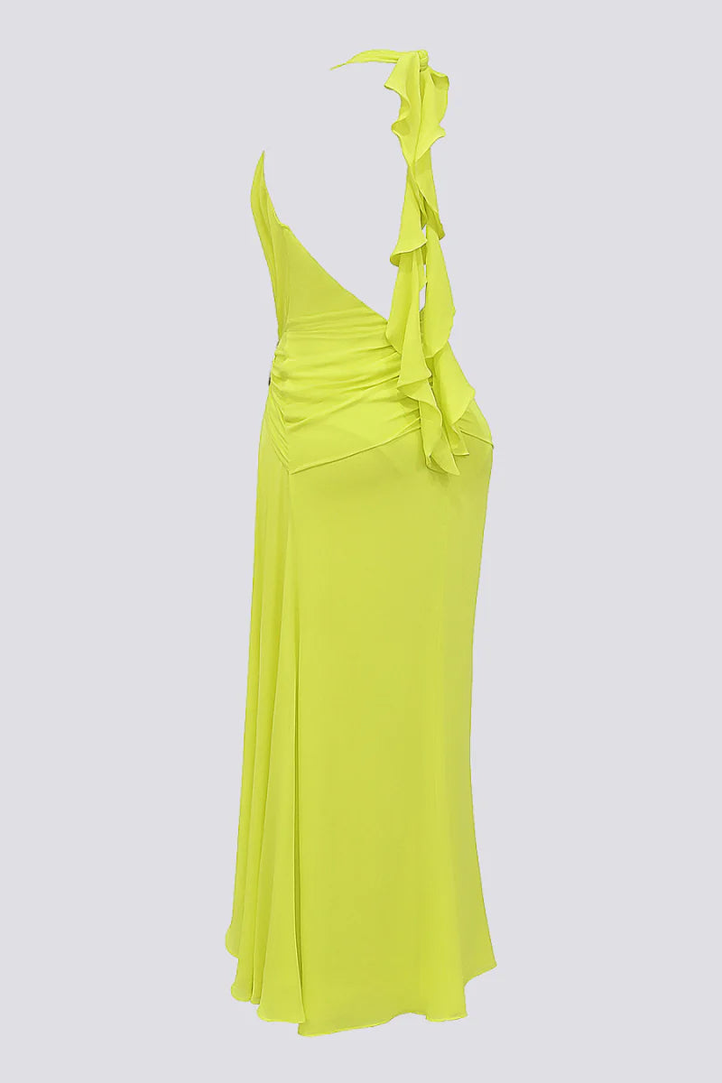 Flowering Girl Women maéva halter neck slit plunge neck maxi dress in green
