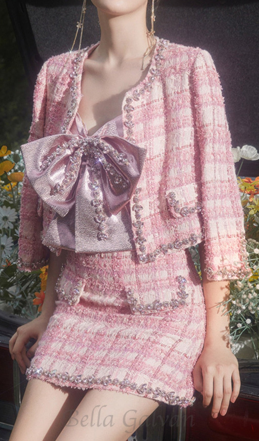 Flowering Girl Women bow rhinestone two-piece set in pink