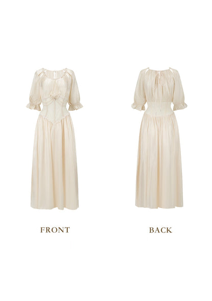 Square neck puff sleeve lace satin maxi dress - white