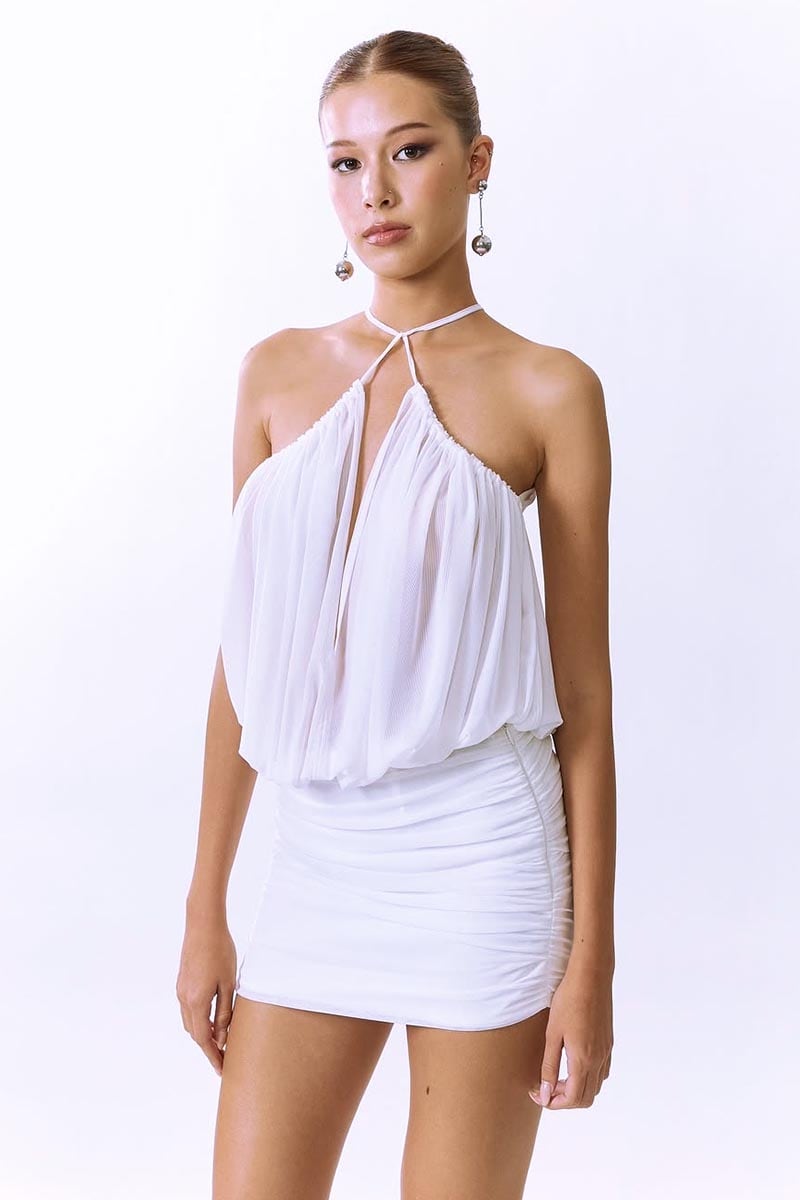 Flowering Girl Women cheryl ruched halter bodycon mini dress in white