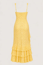 Irregular ruffled lace patchwork high slit slip maxi dress - yellow