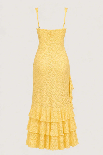 Irregular ruffled lace patchwork high slit slip maxi dress - yellow