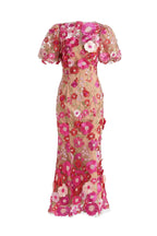 Flowering Girl Women Carol Rose Red Floral Embroidery Mesh Fishtail Midi Dress