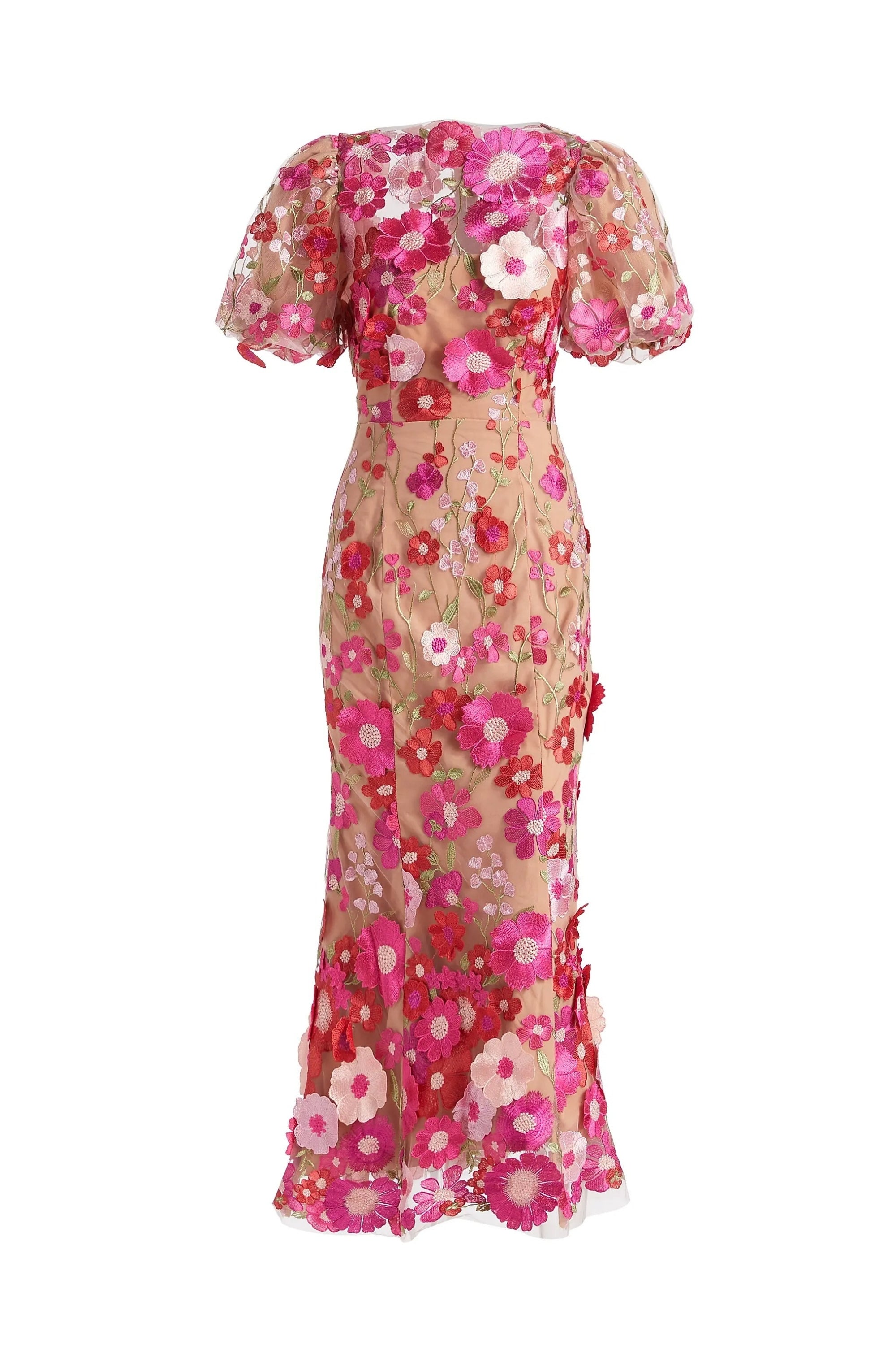 Flowering Girl Women Carol Rose Red Floral Embroidery Mesh Fishtail Midi Dress