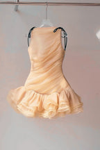 Flowering Girl Women Ruched Ruffle Hem Sleeveless Mini Dress In Apricot
