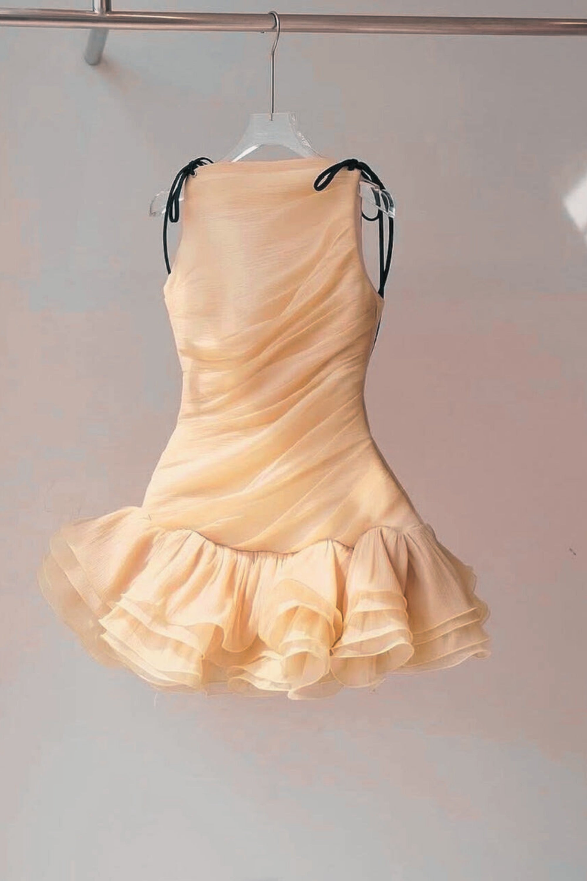 Flowering Girl Women Ruched Ruffle Hem Sleeveless Mini Dress In Apricot