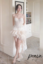 Flowering Girl Women Irregular Petal Lace Bodycon Mini Skirt Set In Beige