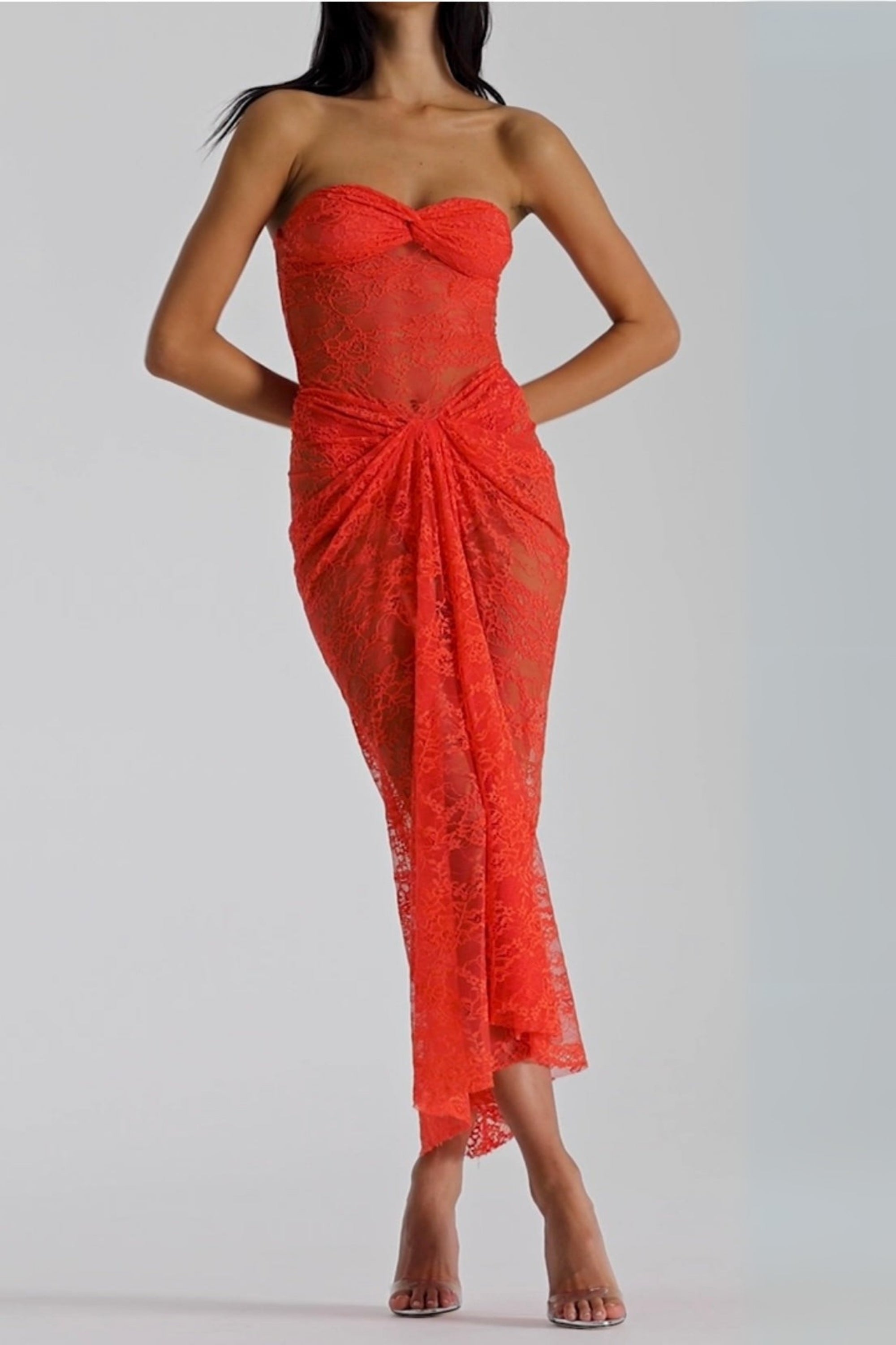 Strapless Twisted Lace Dress In Orange