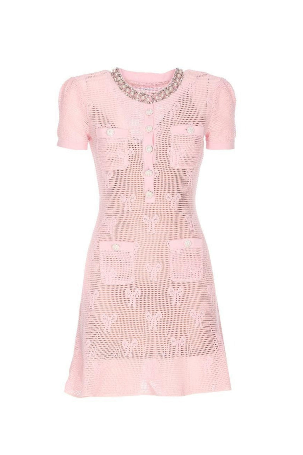 Pink Bow Crochet Crystal Trim Mini Dress