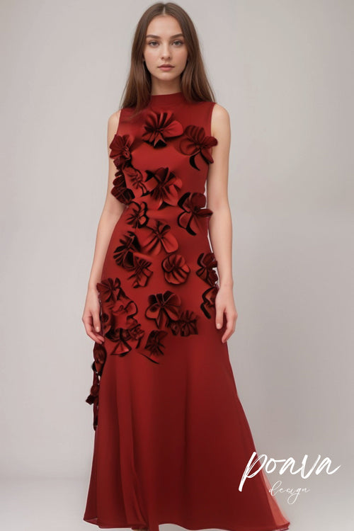 Flowering Girl Women Annona Red Flower Embellished Maxi Dress