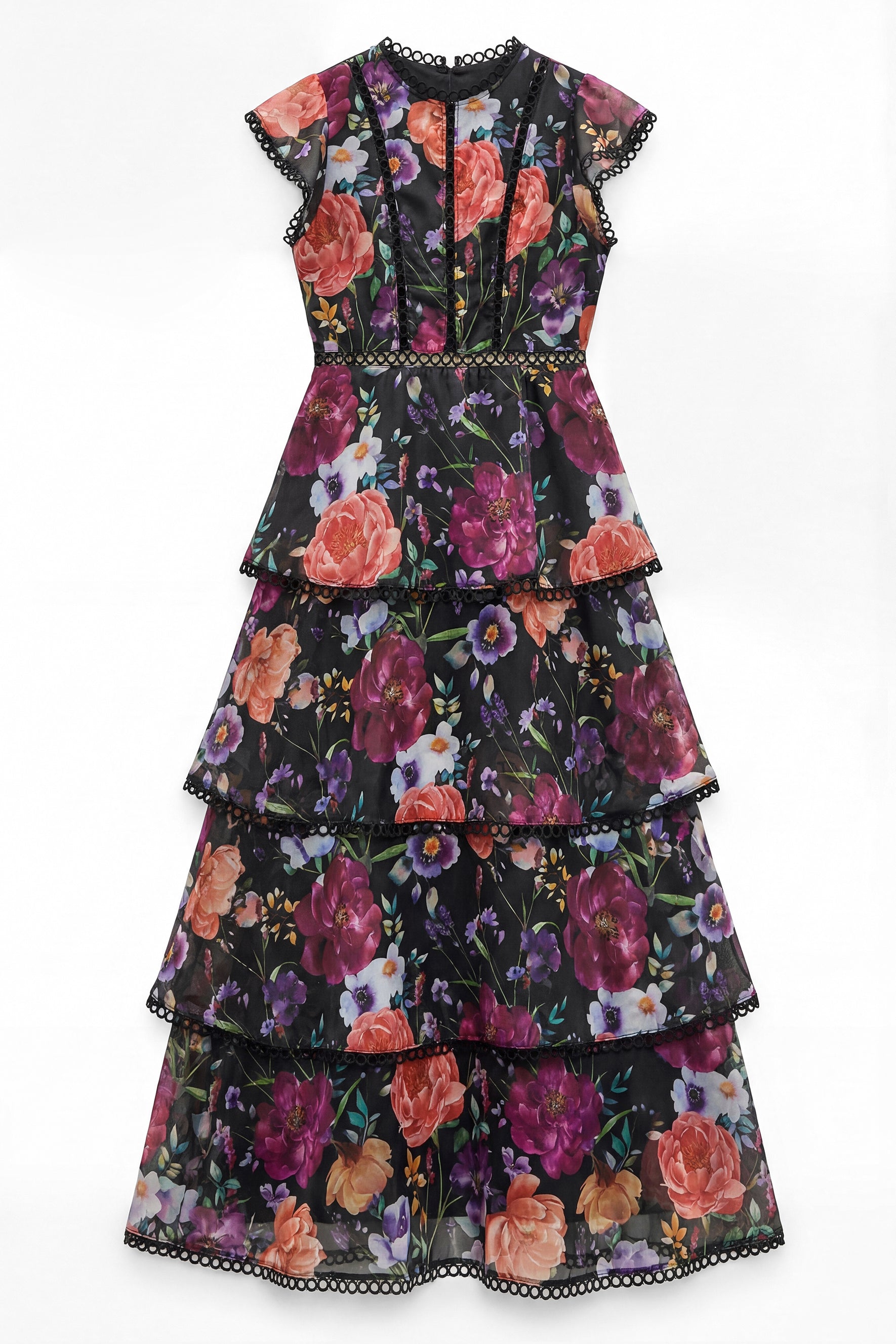 Black Floral Print Tiered Ruffle Maxi Dress