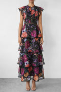 Black Floral Print Tiered Ruffle Maxi Dress