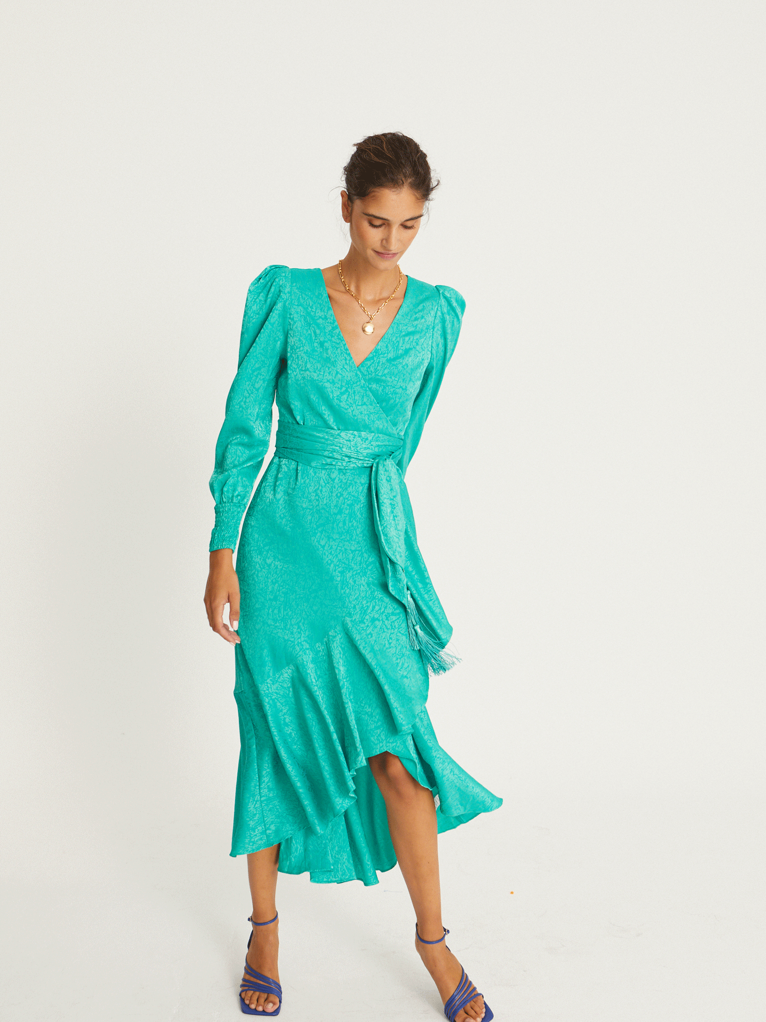 Flowering Girl Women Grace - Green Jacquard Long-Sleeved Wrap Dress