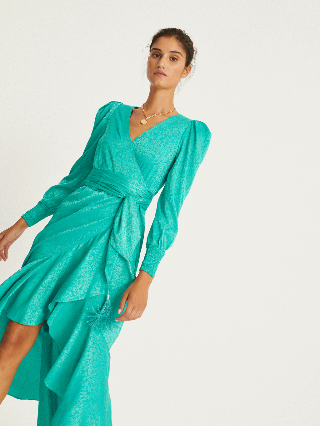Flowering Girl Women Grace - Green Jacquard Long-Sleeved Wrap Dress