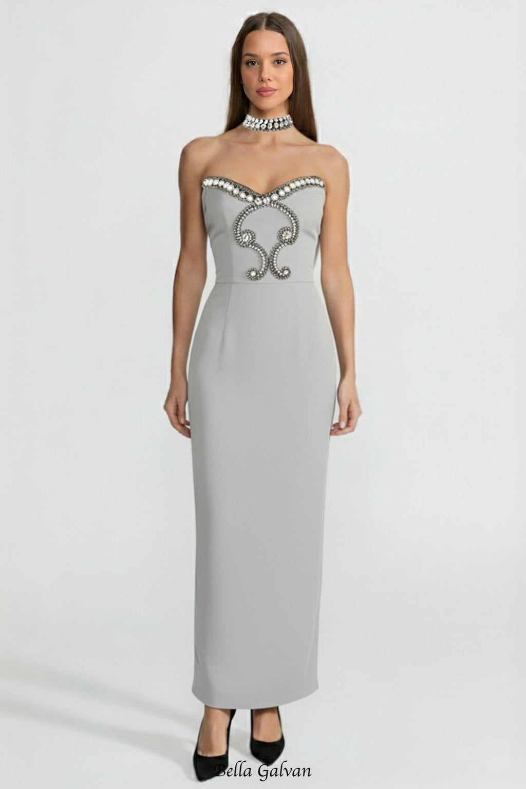 alyssa Gray Crystal Embellished Strapless Gown with Choker
