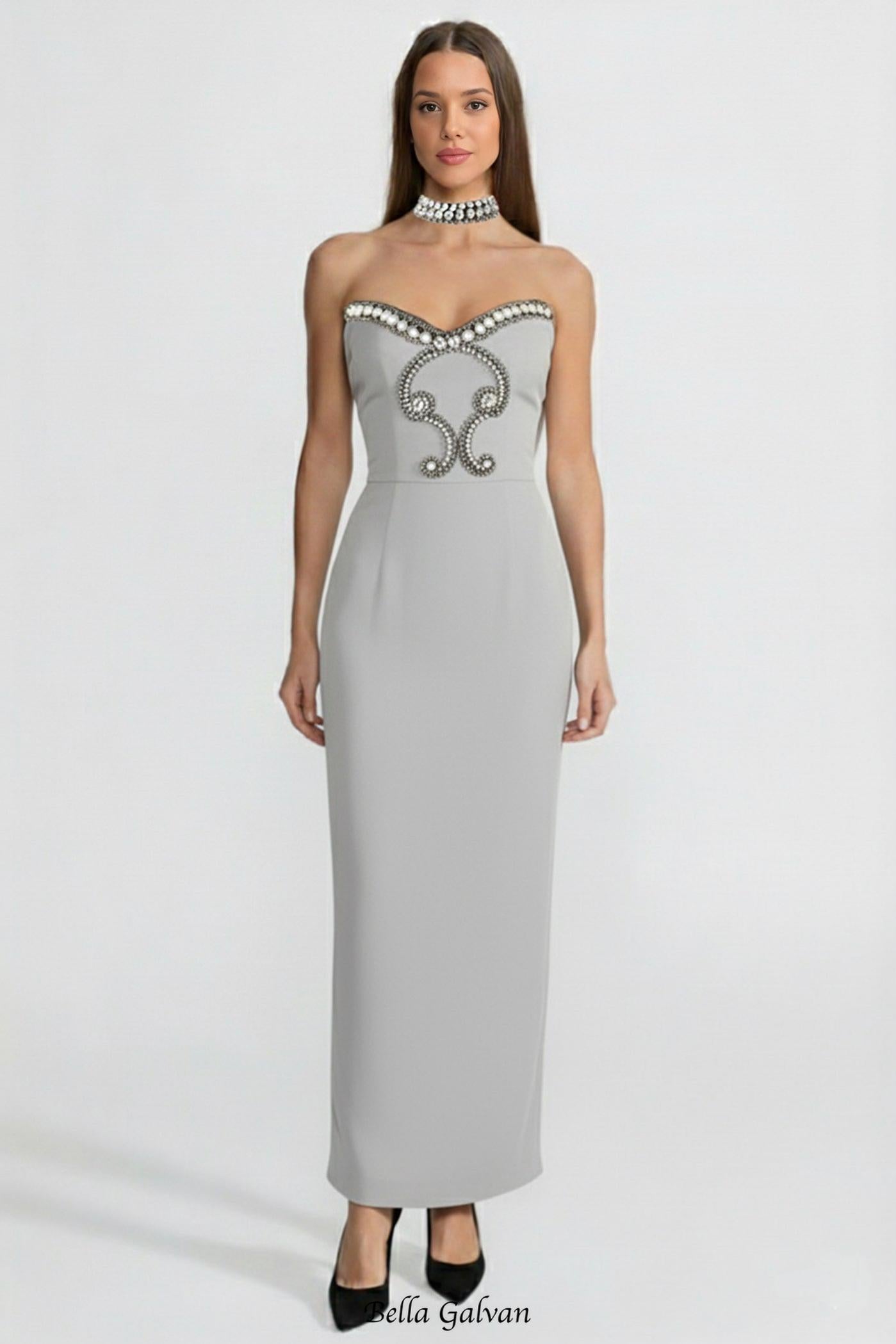 alyssa Gray Crystal Embellished Strapless Gown with Choker