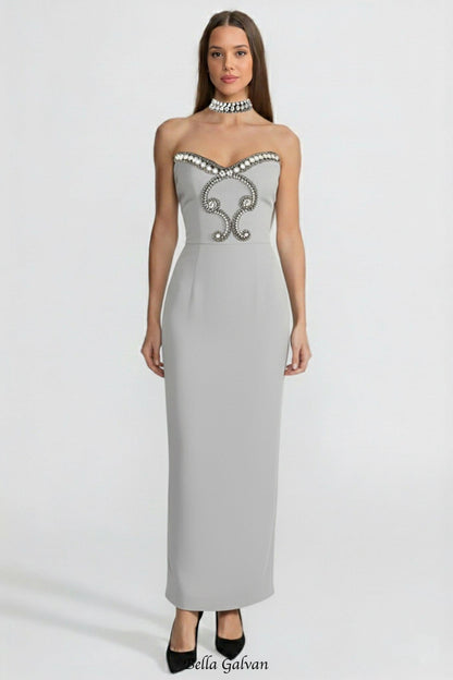 alyssa Gray Crystal Embellished Strapless Gown with Choker