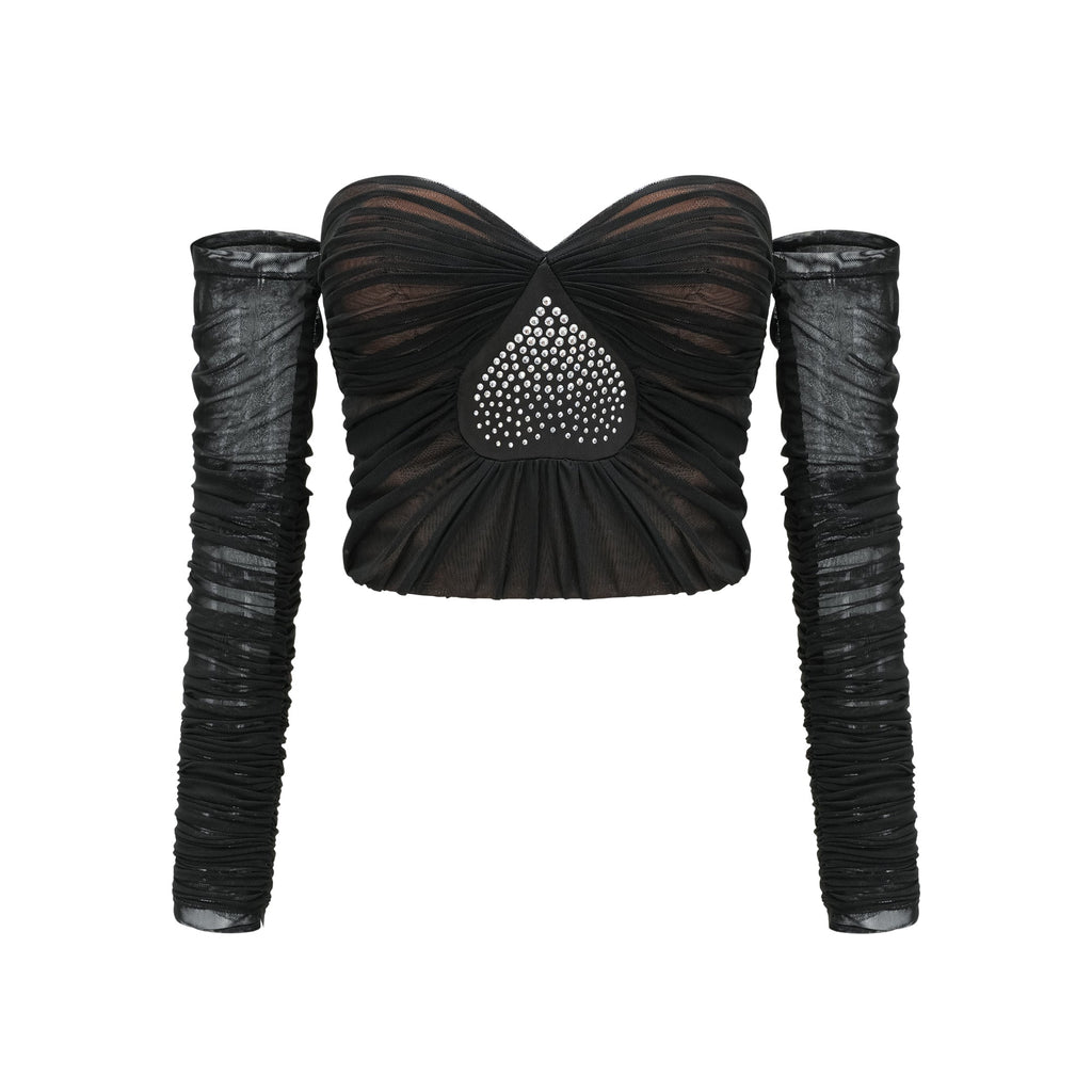 Flowering Girl Women Gwenonwy black ruched mesh top & skirt matching set
