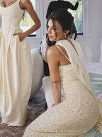 Raizel Gold Beaded Sequin Bodycon Gown With Scarf