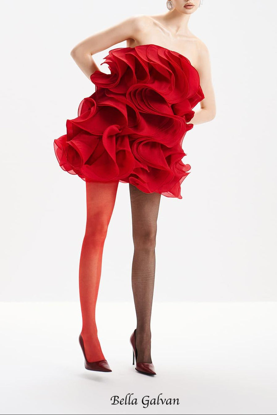 verna Multi-layered 3d pleated mini dress in red