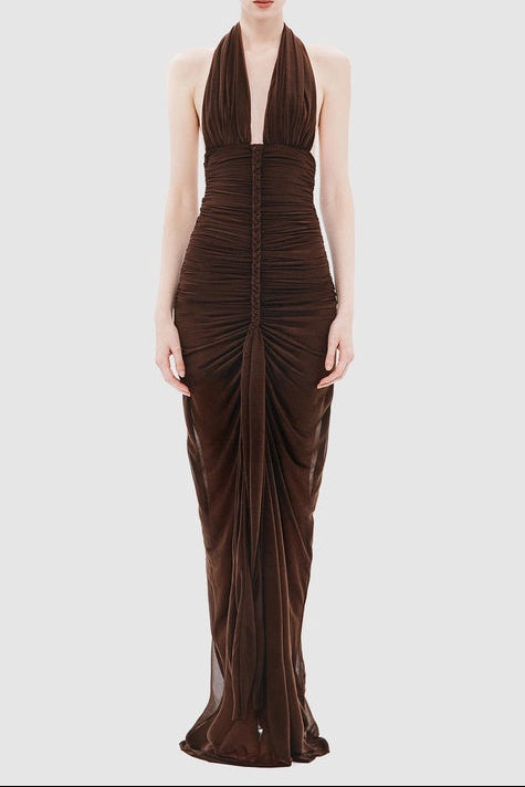 Flowering Girl Women nancy v-neck pleated braided bodycon maxi dress - brown