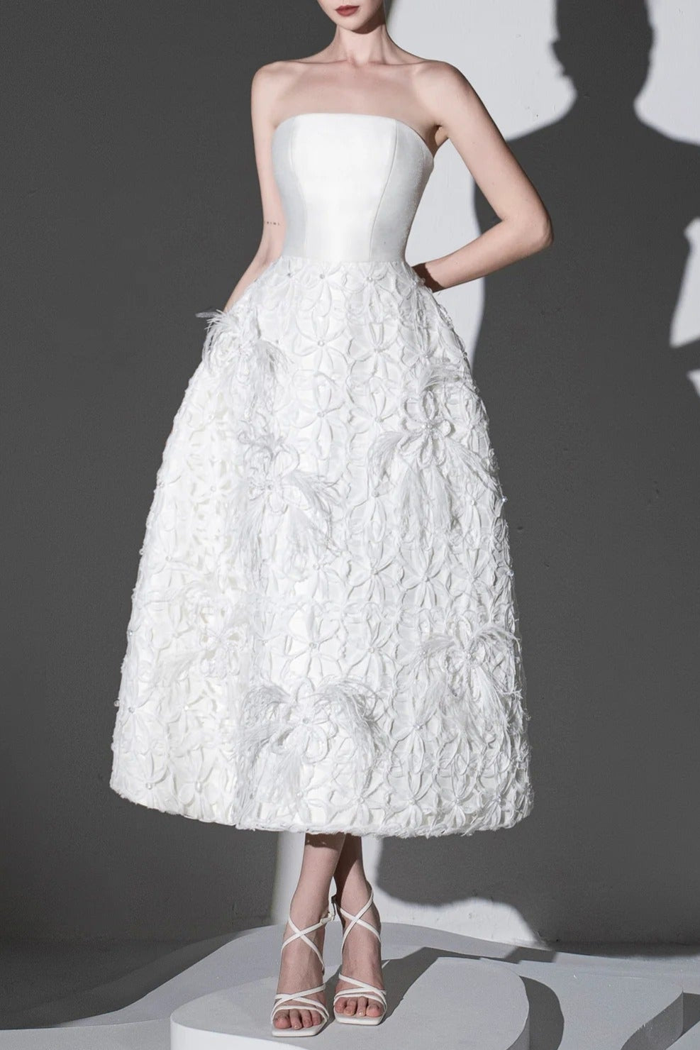 Flowering Girl Women White Floral Embellished Strapless Midi Dress