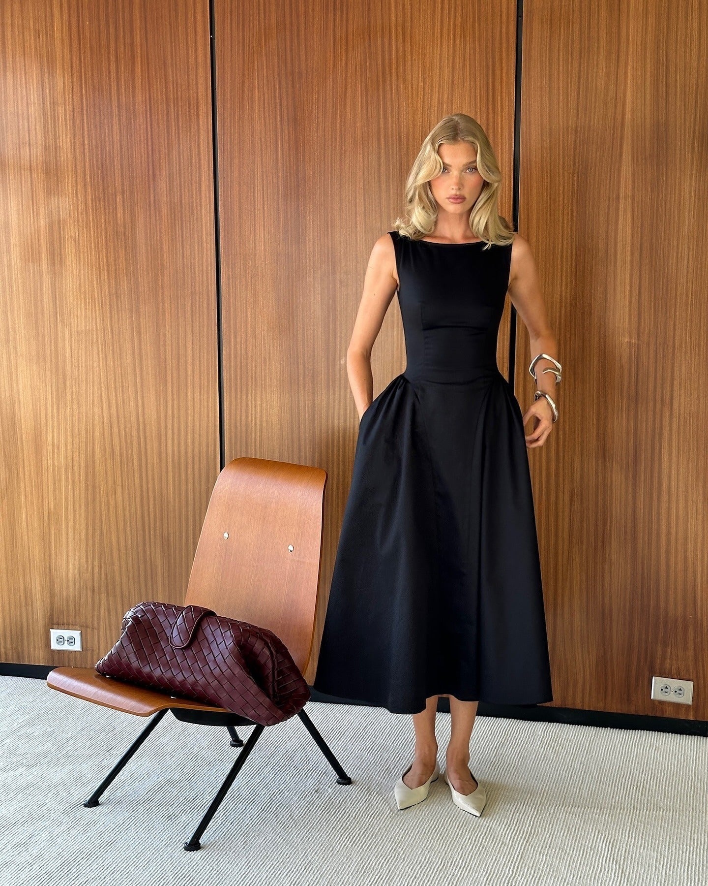 Stretch Cotton Sateen Midi Dress In Black