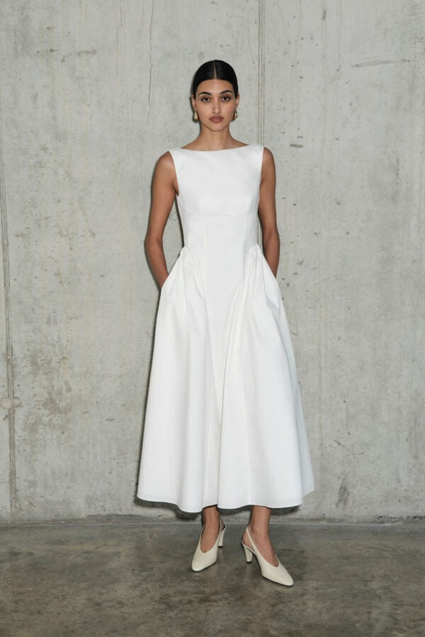 Stretch Cotton Sateen Midi Dress In White
