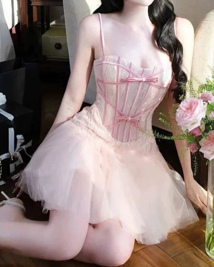 Flowering Girl Women Bow Tulle Corset Mini Dress