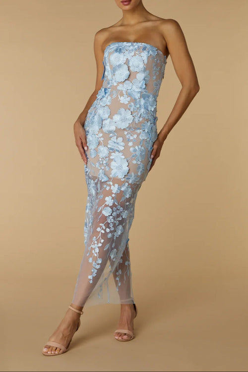 Flowering Girl Women Bblythe Avital Strapless Blue Flower Midi Dress