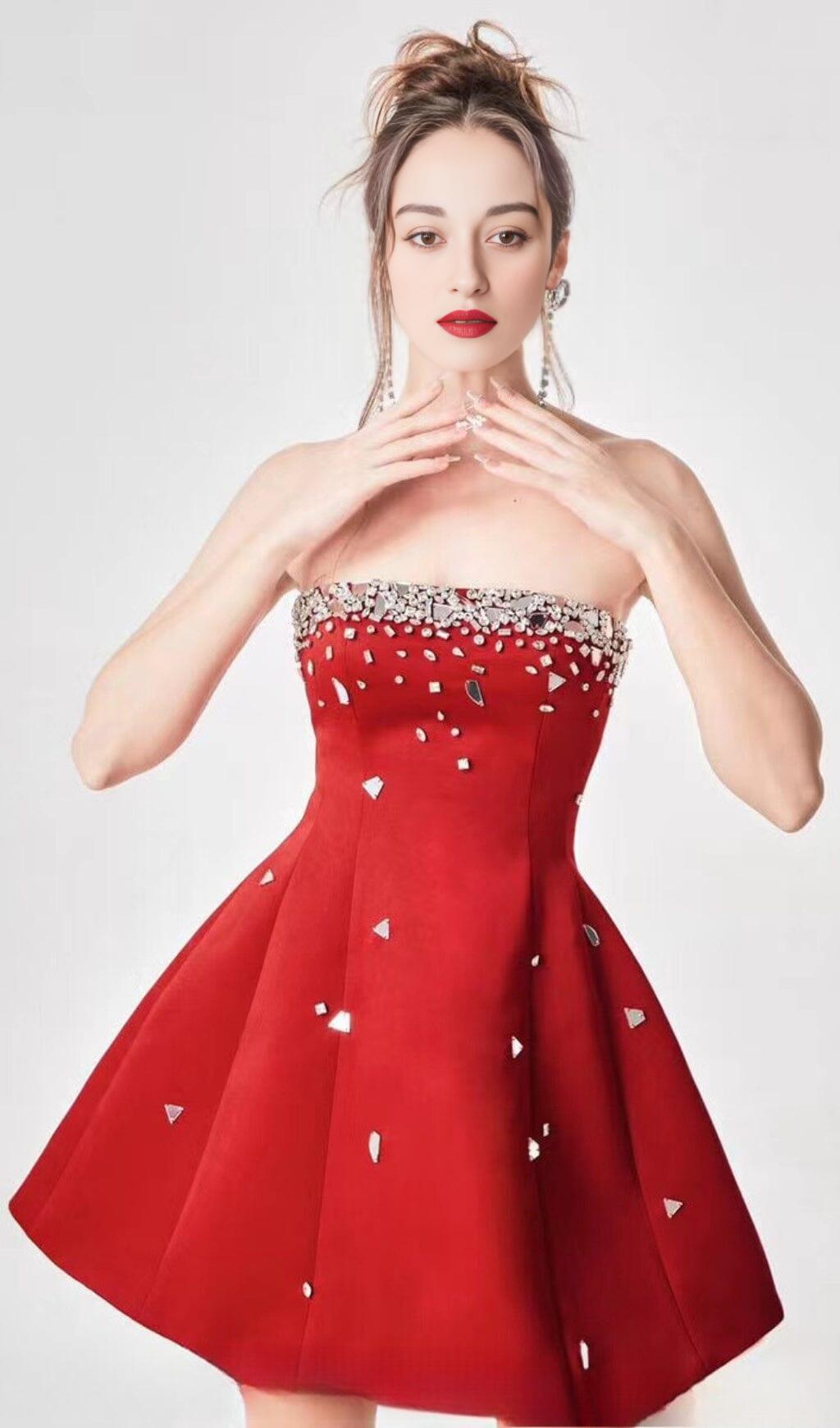 Red Crystal-Embellished Strapless Mini Dress