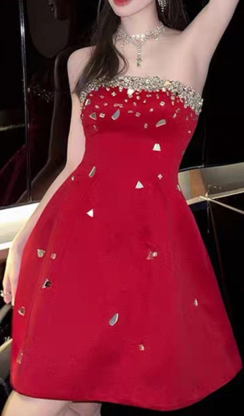 Red Crystal-Embellished Strapless Mini Dress