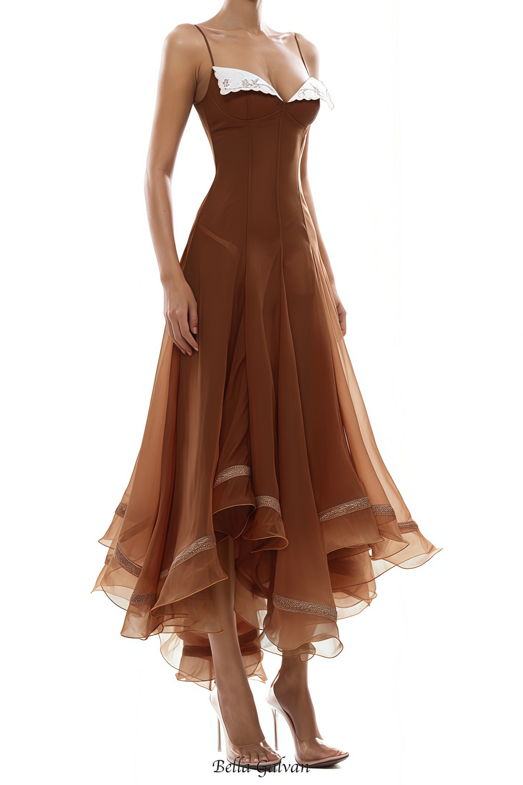 xaviera Rust Asymmetrical Midi Dress in Brown