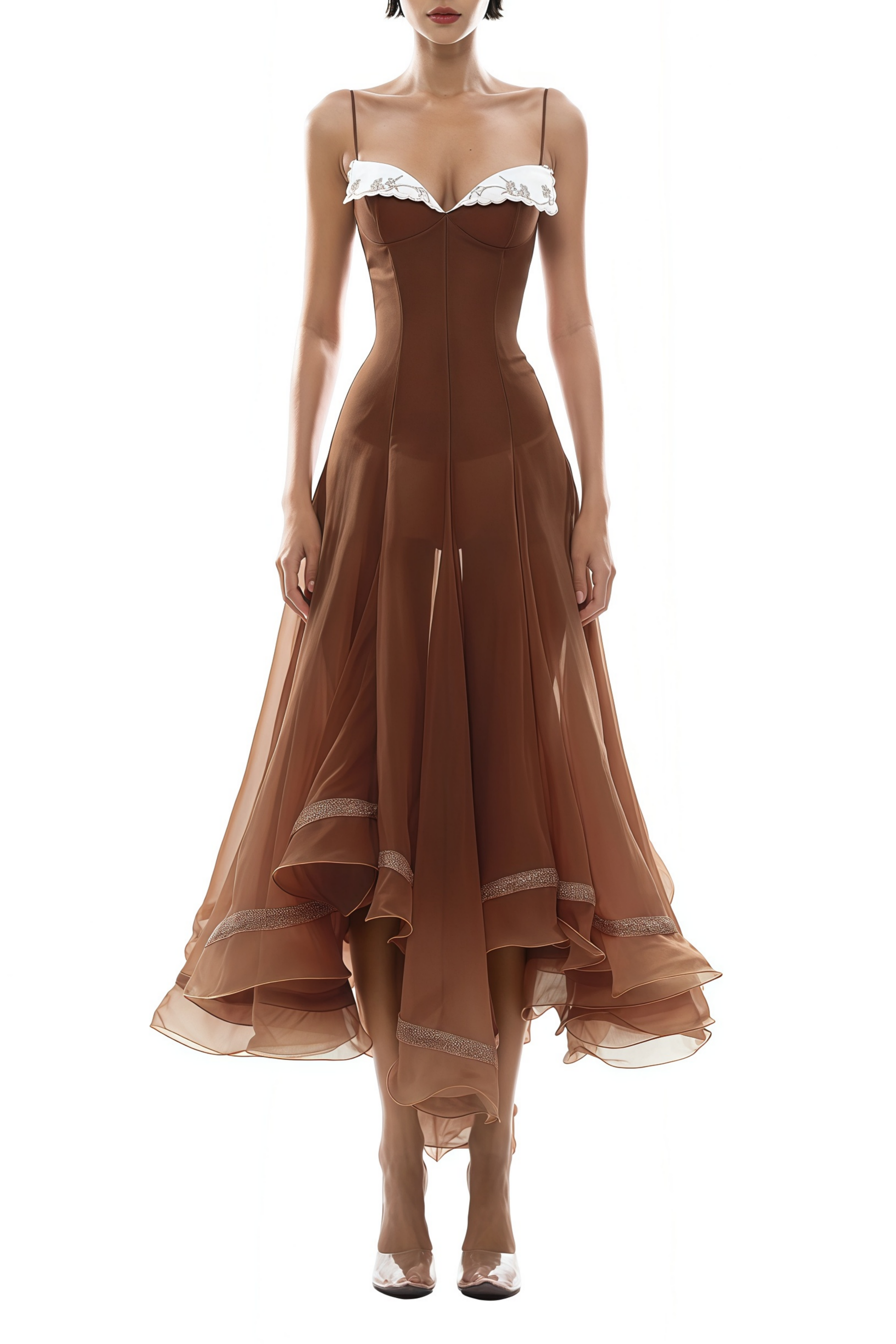 xaviera Rust Asymmetrical Midi Dress in Brown