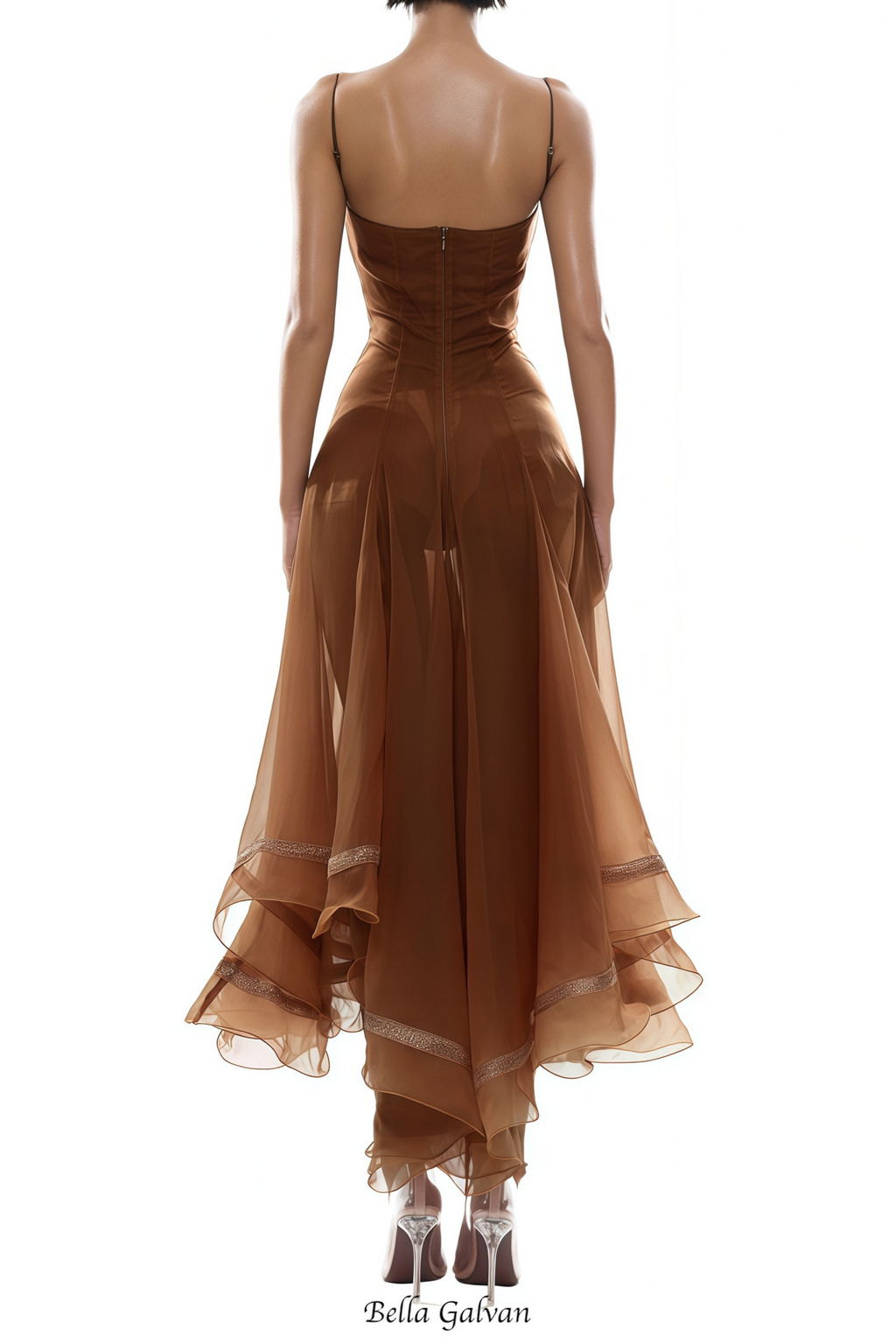 xaviera Rust Asymmetrical Midi Dress in Brown