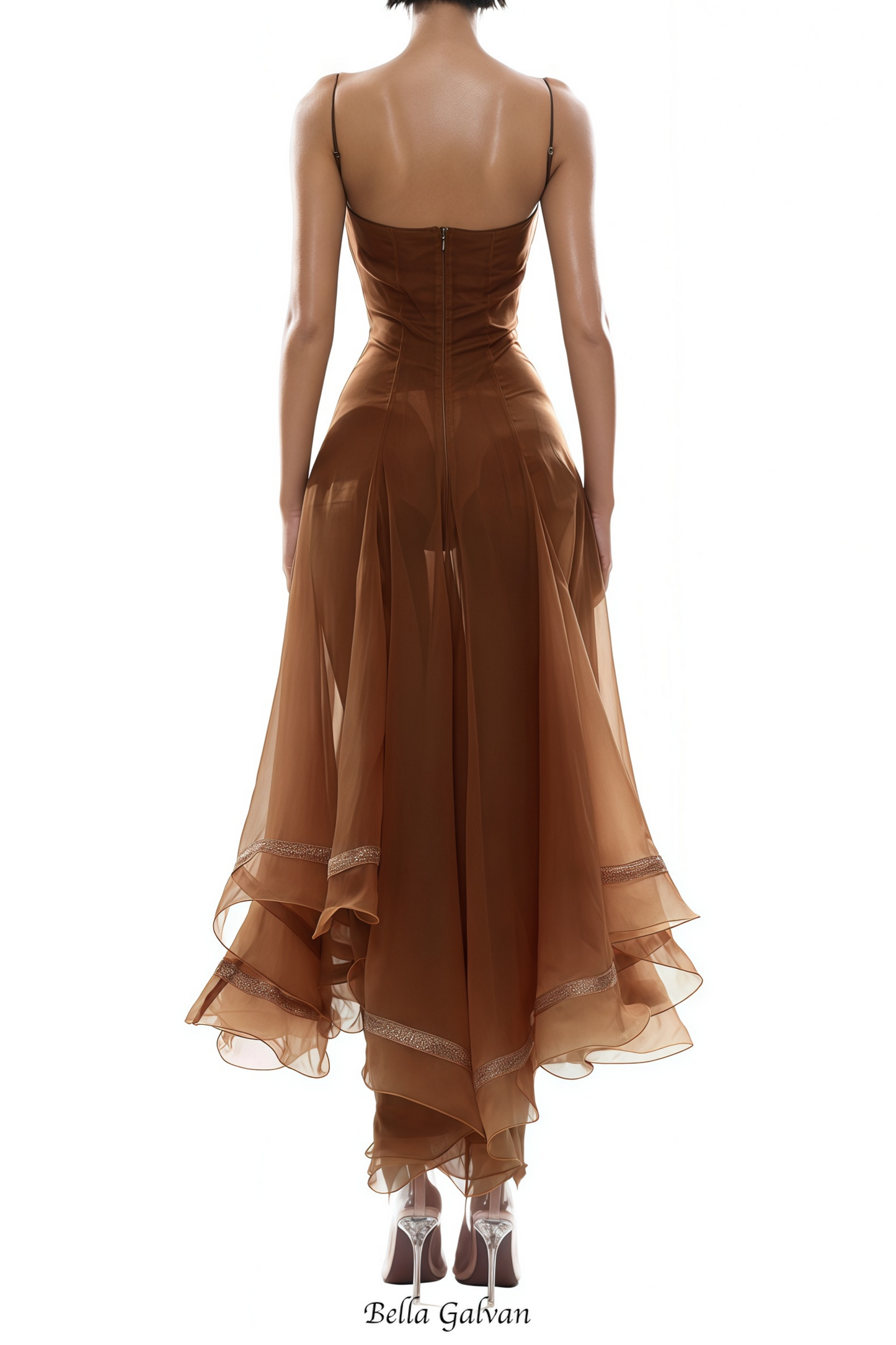xaviera Rust Asymmetrical Midi Dress in Brown