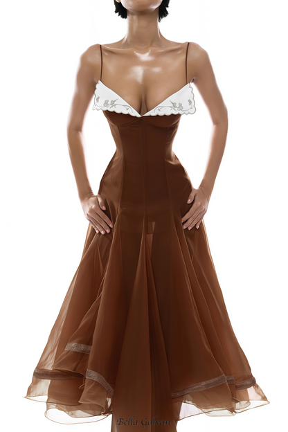 xaviera Rust Asymmetrical Midi Dress in Brown
