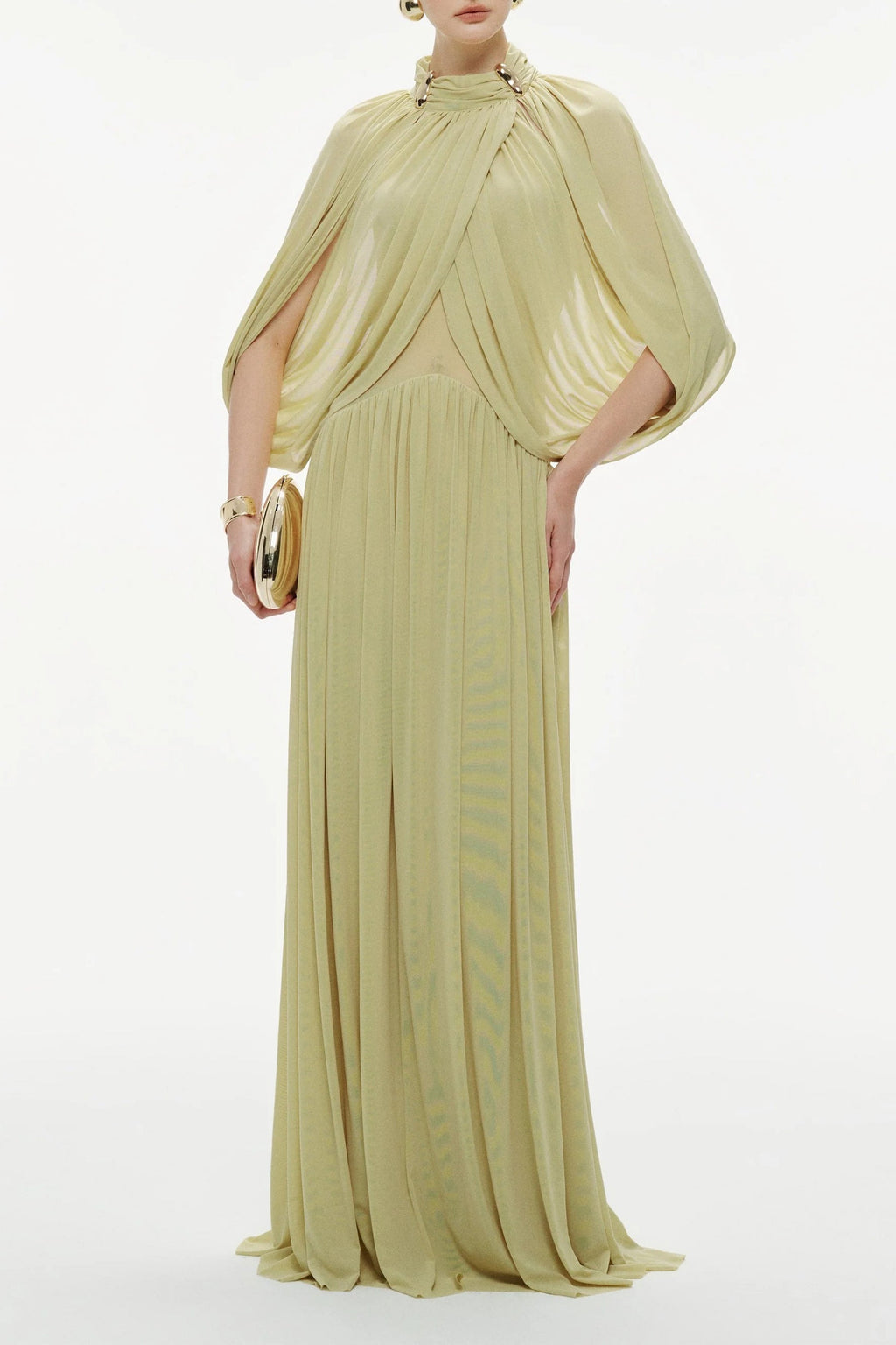 leona Green Draped Cape Sleeve Knit Maxi Dress