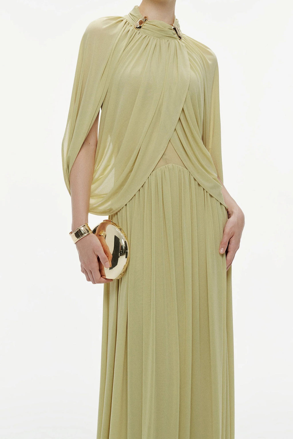 leona Green Draped Cape Sleeve Knit Maxi Dress