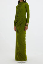 liz High Neck Asymmetric Drape ruched Maxi Dress in green