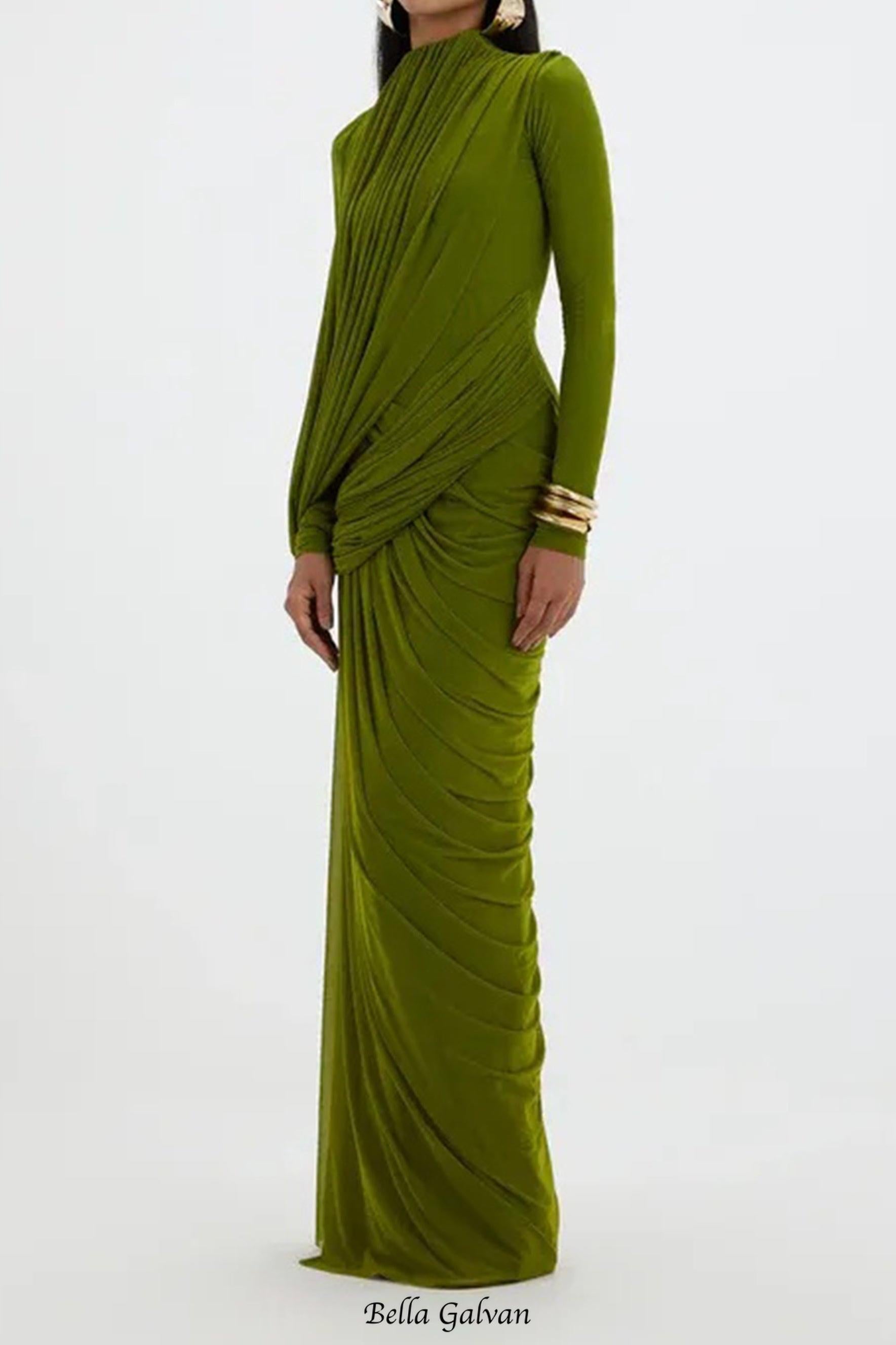 liz High Neck Asymmetric Drape ruched Maxi Dress in green