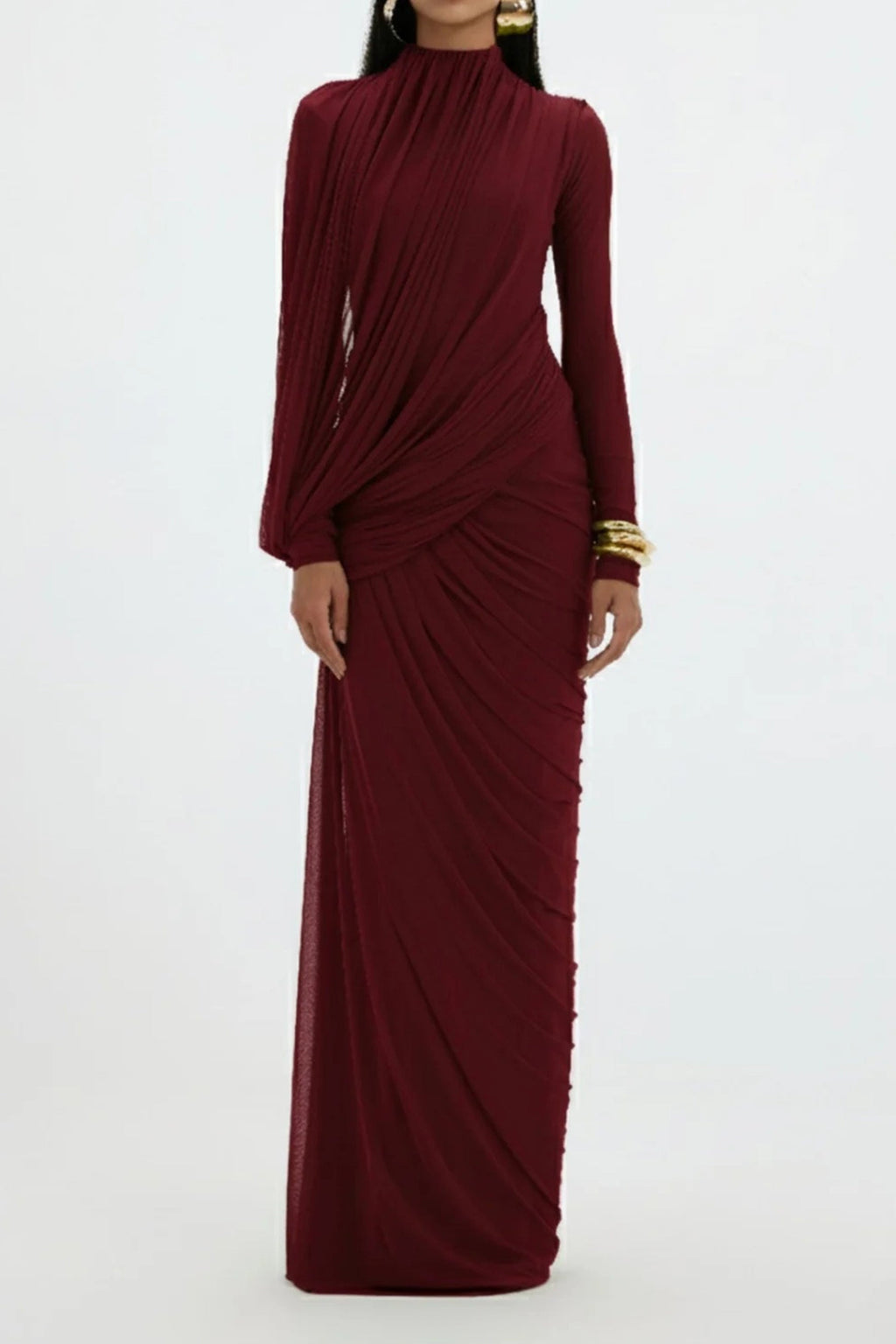 liz High Neck Asymmetric Drape ruched Maxi Dress in burgundy