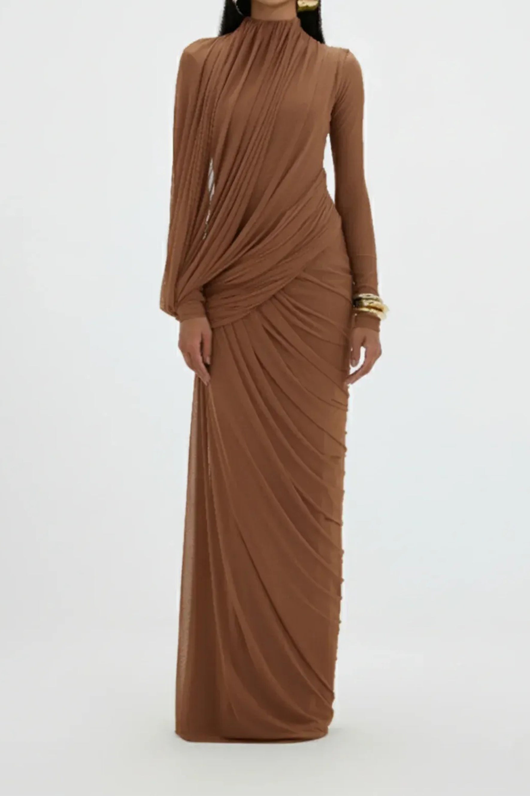 Flowering Girl Women Liz High Neck Asymmetric Drape Ruched Maxi Dress In Brown