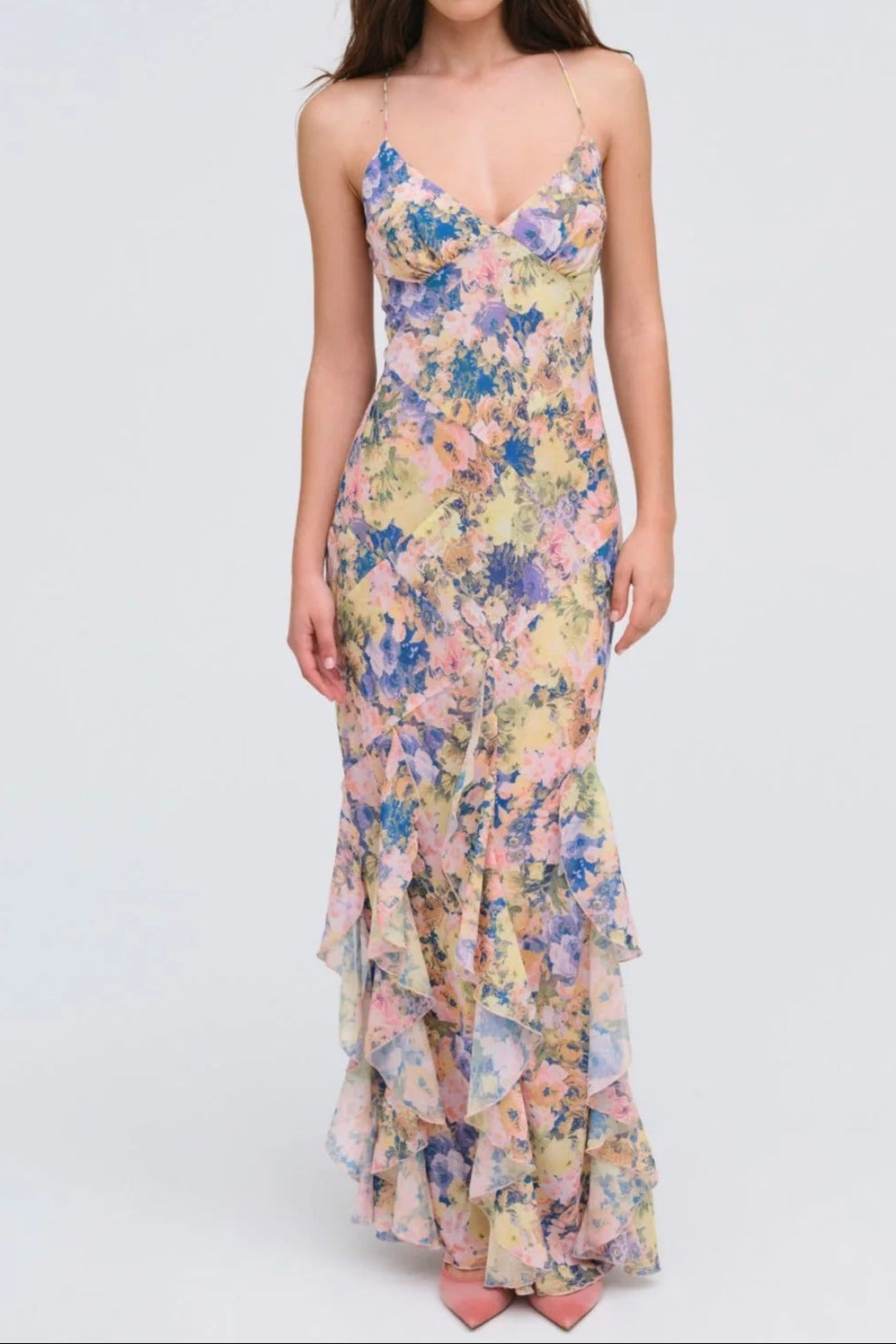 rebecca Floral print ruffle backless maxi dress - blue