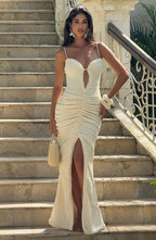 slit pleated bodycon maxi dress in kahki