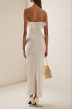 Ruffled Silk strapless Midi Dress in beige