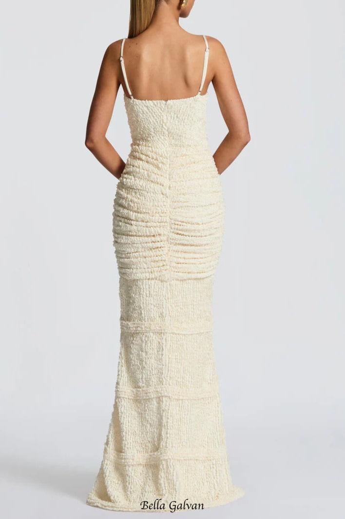 slit pleated bodycon maxi dress in kahki