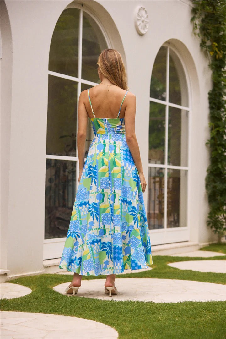 Flowering Girl Women Scalloped Trim Tropical Patchwork Print Spaghetti Strap Maxi Dress